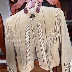 Vintage Diamond Leathers Western Fringe Jacket Beaded Collar Size 10 Made in USA